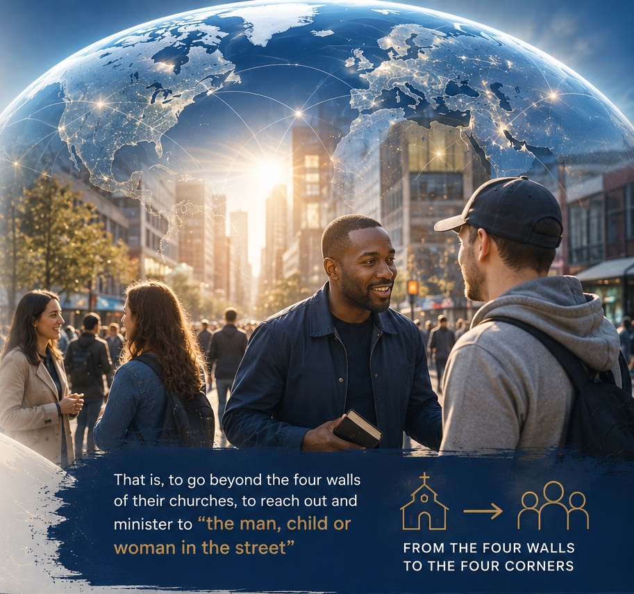 Marketplace minister sharing the Gospel with a man on a city street, with a glowing globe representing global outreach